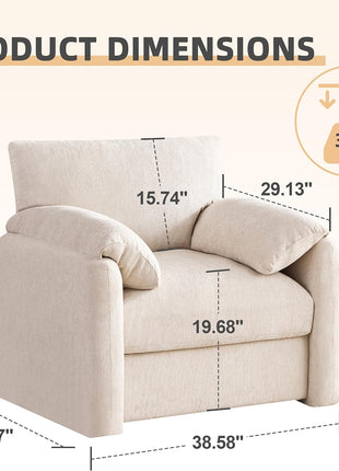 Chenille Oversized Accent Armchair - 38.6" Wide Modern Lounge Chair for Living Room and Bedroom, Upholstered Mid-Century Reading Chair in Beige