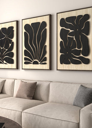 Framed Textured Wood 3D Wall Art - Large Bohemian Floral Triptych in Black and Beige, Abstract Design for Living Room, Office, Bedroom, and Hallway Decor, 24x36 Inches