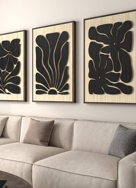 Framed Textured Wood 3D Wall Art - Large Bohemian Floral Triptych in Black and Beige, Abstract Design for Living Room, Office, Bedroom, and Hallway Decor, 24x36 Inches