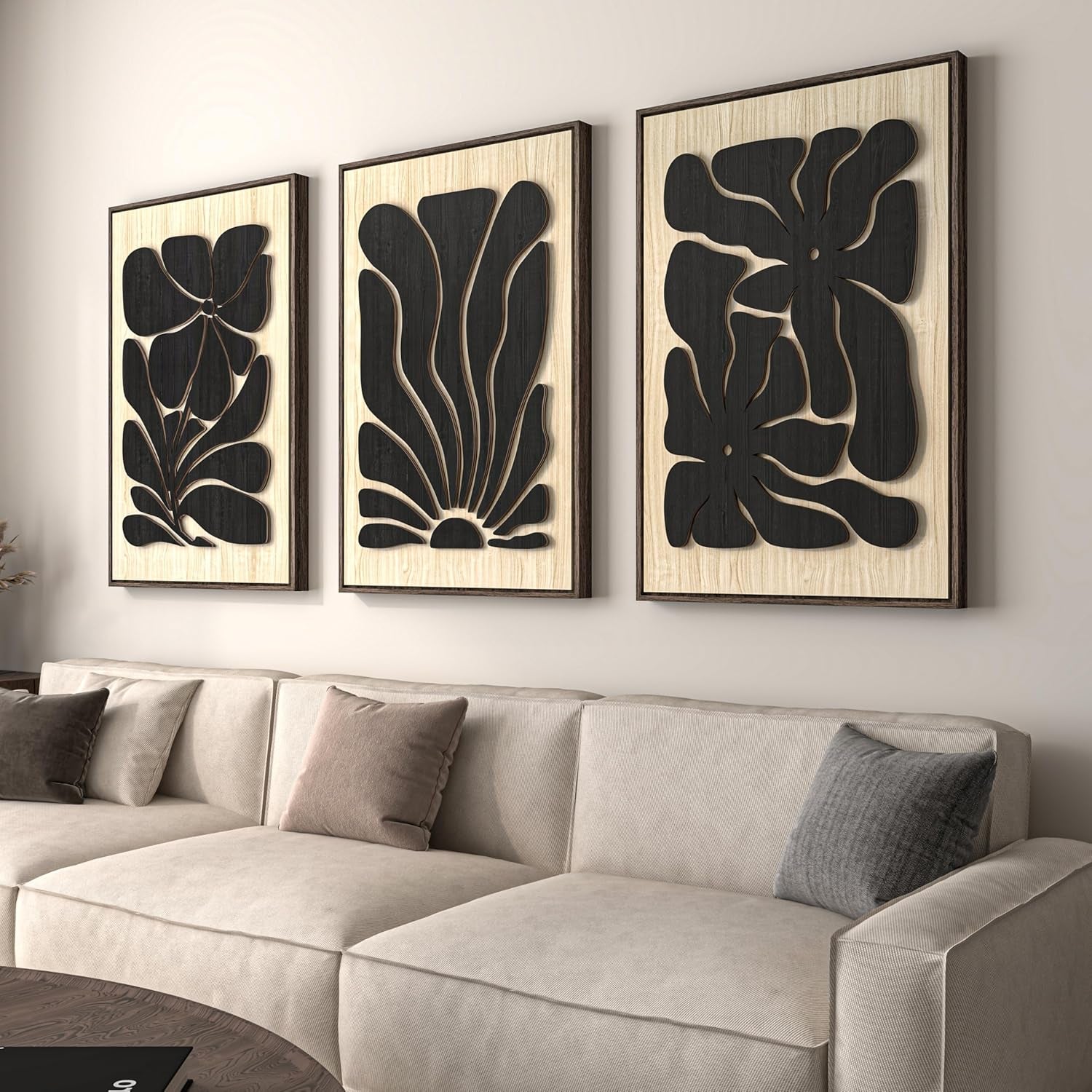 Framed Textured Wood 3D Wall Art for Living Room, Large Boho Floral Black and Beige Artwork for Walls, 3 Piece Abstract Bohemian Flower Wood 3D Art for Office Bedroom Hallway Wall Decor, 24X36 Inch
