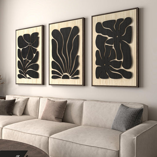 Framed Textured Wood 3D Wall Art for Living Room, Large Boho Floral Black and Beige Artwork for Walls, 3 Piece Abstract Bohemian Flower Wood 3D Art for Office Bedroom Hallway Wall Decor, 24X36 Inch