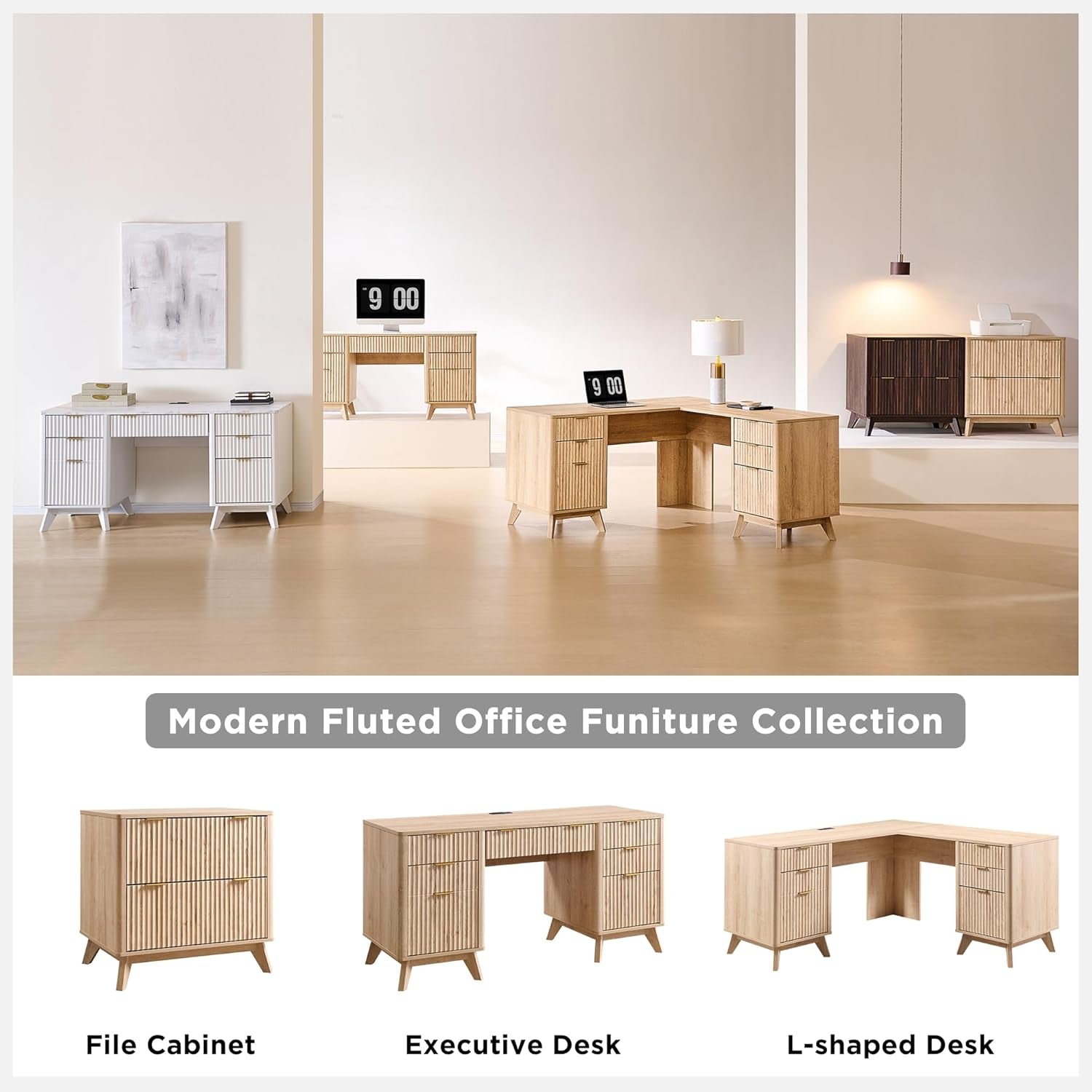 Fluted Executive Desk with Drawers, 60" Modern Home Office Computer Desk with Charging Station, File Cabinet, Keyboard Tray and Storage Cabinet for Study, Living Room, Bedroom, Natural Oak