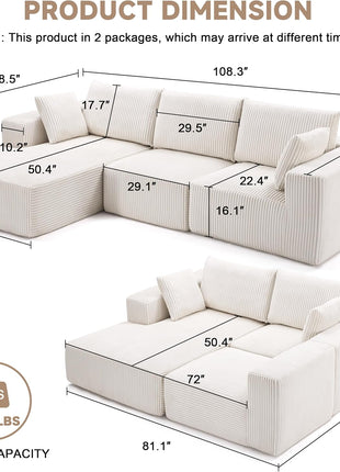 108-Inch Modular Sectional Sofa in Beige with Left-Facing Chaise, Deep-Seated Modern L-Shaped Upholstered Couch for Living Room or Bedroom