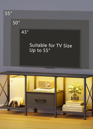 Industrial LED TV Stand with Fabric Drawer and Open Shelving for 50-55 Inch TVs, Black Entertainment Center for Living Room and Bedroom