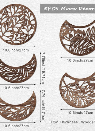 Moon Phase Wooden Wall Art Set of 5 - Nordic Boho Aesthetic Decor for Bedroom, Living Room, and Dorm (Brown, 10.6 Inch, Botanical)