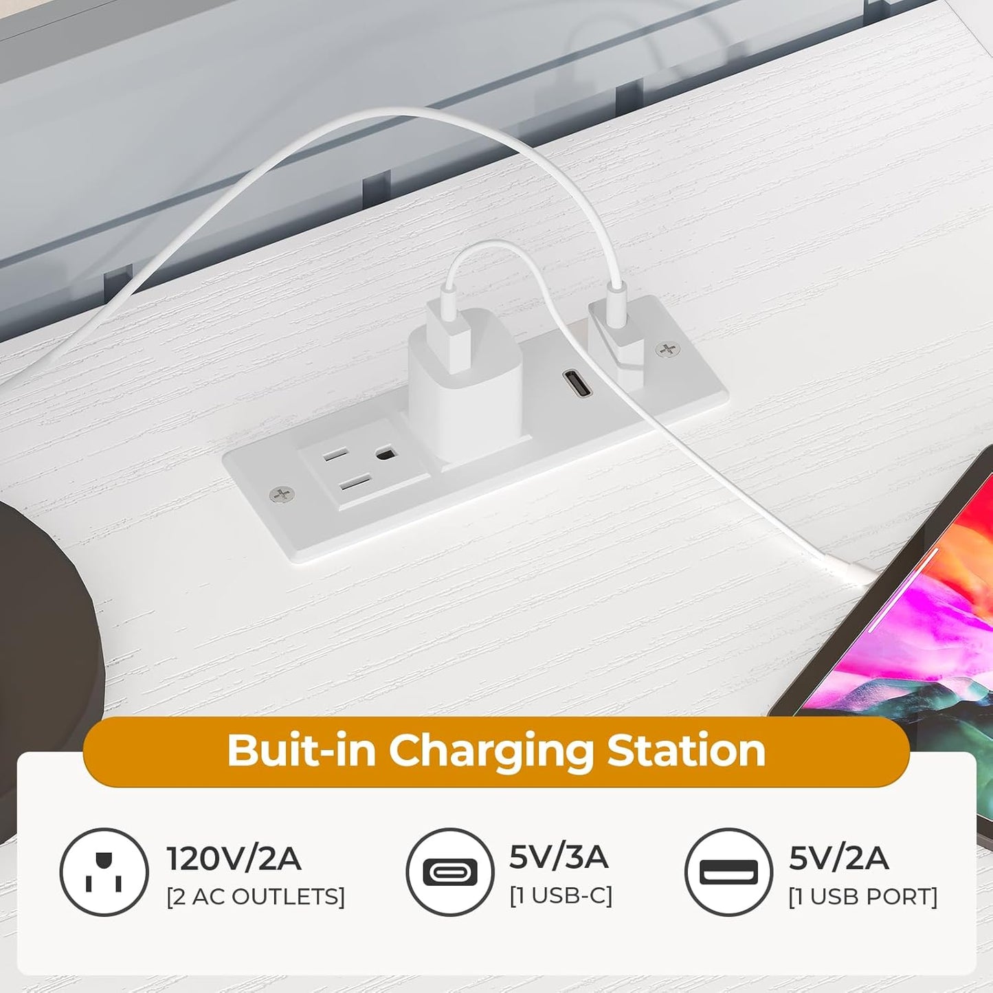 Loft Bed Full Size with U-Shaped Desk, 6 Storage Drawers, Power Outlet, LED Metal Loft Bed with 2 Storage Shelves, Bed with Safety Guardrail & Ladders,Space-Saving,White