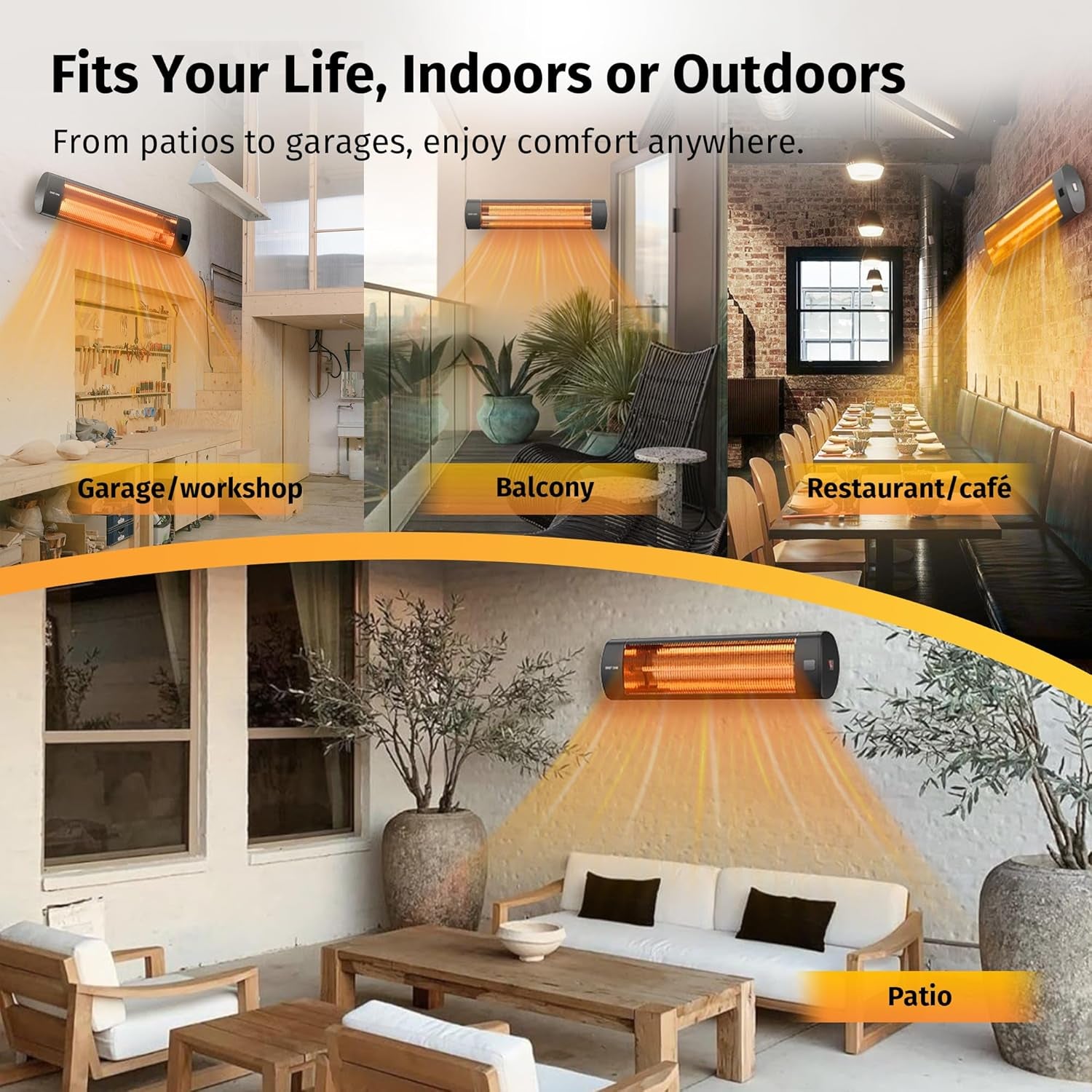 Electric Patio Heater | 1500W Wall Mounted Infrared Heater for Outdoor, Garage, Backyard, Restaurant | 24H Timer, IP65 Waterproof | 3 Heat Levels & Overheating Protection | Black