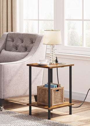 Set of 2 Rustic Brown Side Tables with Integrated Charging Station, USB Ports, and Outlets, Featuring Dual Storage Shelves for Compact Spaces