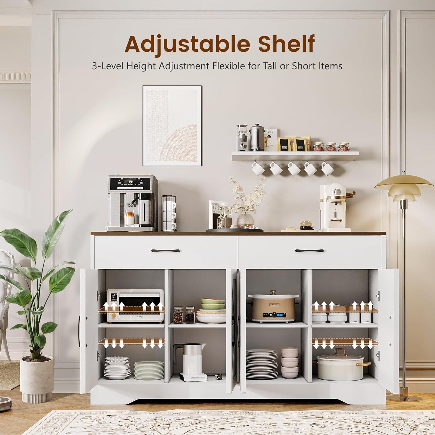 55" Sideboard Buffet Cabinet with Storage, Large Kitchen Storage Sideboard with Drawers & Doors, Modern Wood Farmhouse Coffee Bar Cabinet, Buffet Table for Kitchen, Dining Room, Living Room, White