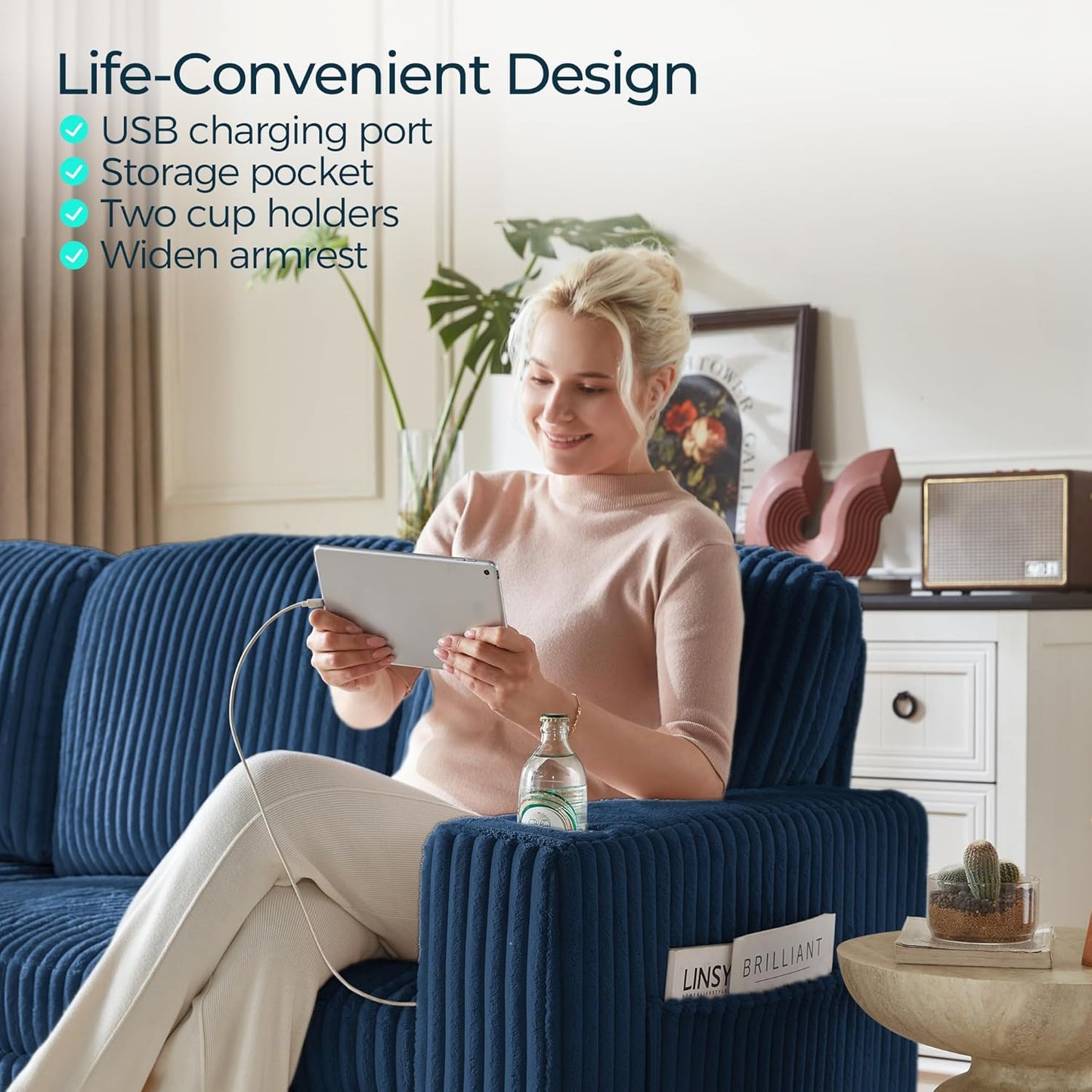 Sectional Sleeper Sofa Pull Out Couches for Living Room (Blue, Sleeper Sofa 1) | Pull Out Sofa Bed, Storage, USB Charging, Cup Holders, Plush Corduroy