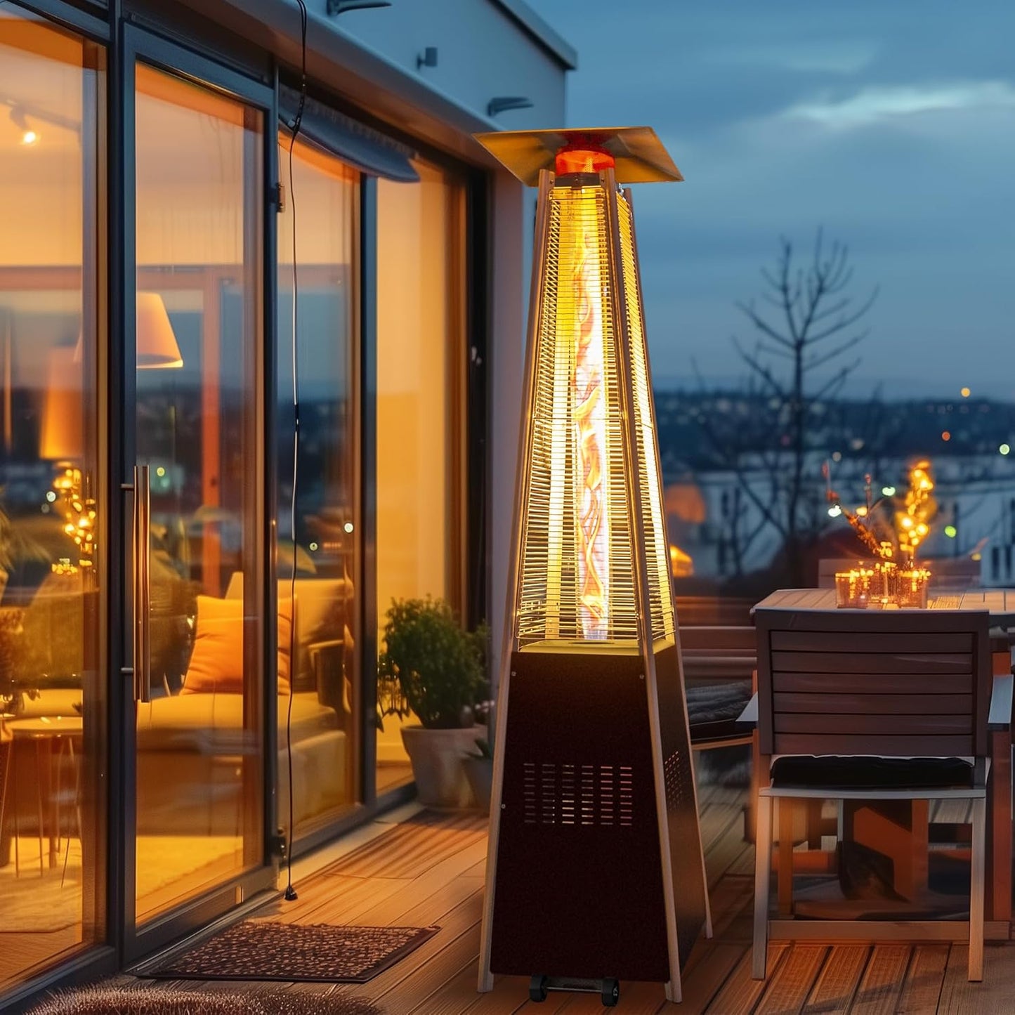 48,000 BTU Flame Pyramid Pool Heater with Cover, Triple Safety Protection Portable Patio Heater with Patio Cover, Warm Glass Tube with Durable Wheels-Brown