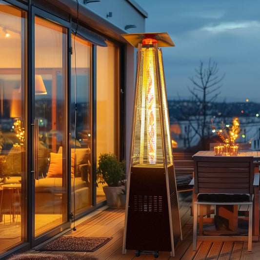 48,000 BTU Flame Pyramid Pool Heater with Cover, Triple Safety Protection Portable Patio Heater with Patio Cover, Warm Glass Tube with Durable Wheels-Brown