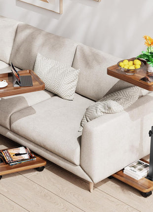 Adjustable Height C Table with 360° Swivel and Mobility Wheels for Compact Living Areas - Walnut Finish