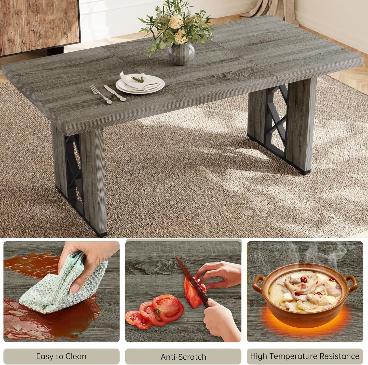 3-Piece Dining Table Set for 6 People, 70.8'' Rectangle Kitchen Table with 2 Benches for Breakfast Nook, Dining Room Furniture(Grey Table+2 Benches)