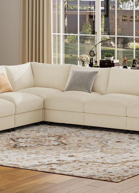 Luxurious FSC Certified Velvet U-Shaped Sectional Sofa - Oversized Convertible Sleeper Couch with Detachable Armrests, Seats Up to 6 in Chenille Beige