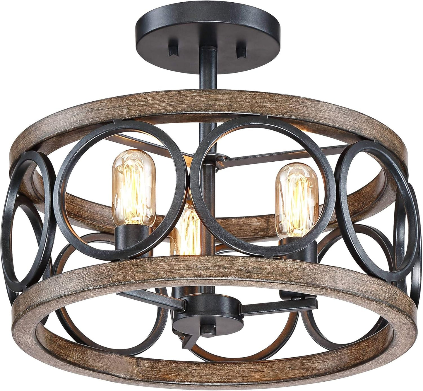 Salima Rustic Farmhouse Ceiling Light Semi Flush Mount Fixture LED Black Circle Wood Finish Grain 16" Wide 3-Light Open Drum for Bedroom Kitchen Living Room Hallway Bathroom