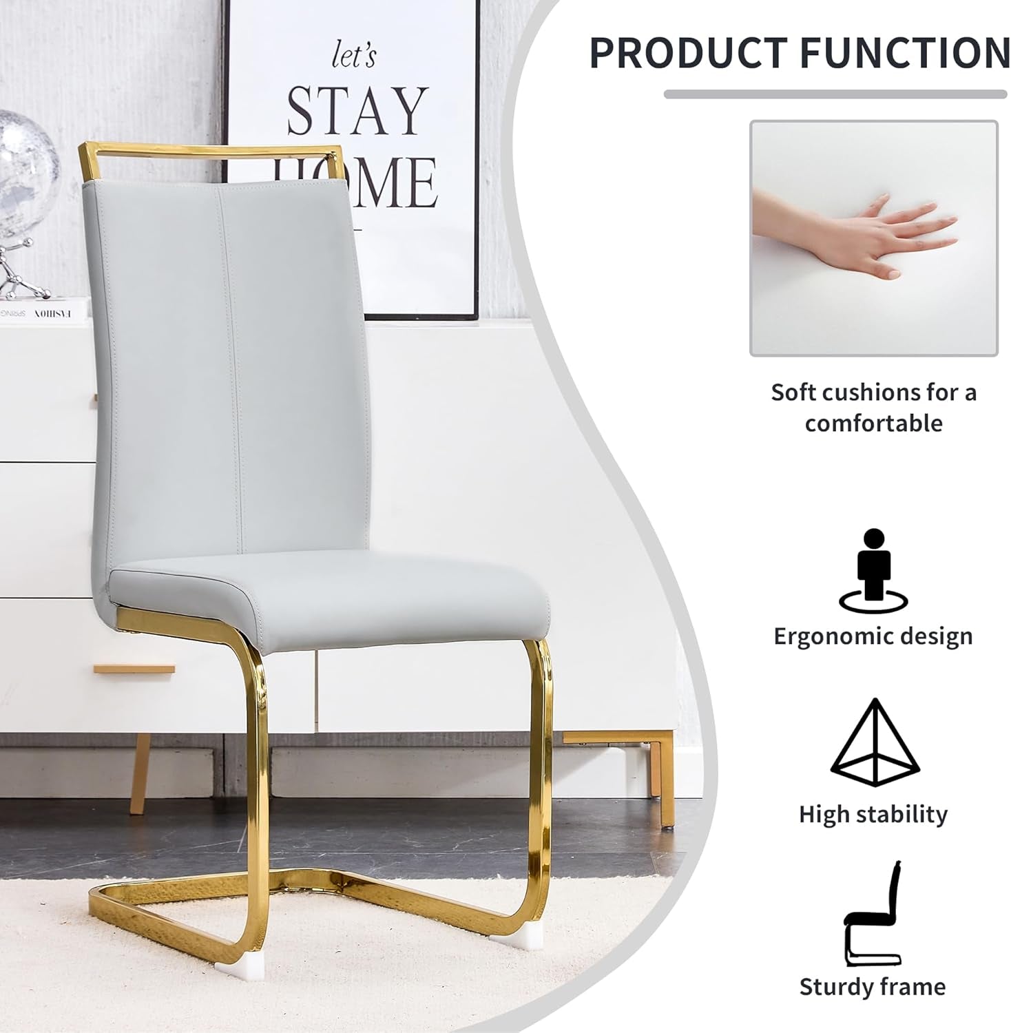 Modern Leather Dining Chairs Set of 4,Armless Kitchen Chairs,Dining Room Chairs with Upholstered Padded Seat and Sturdy Gold Legs for Dining Room,Kitchen (Set of 4, Light Grey-Gold Leg)