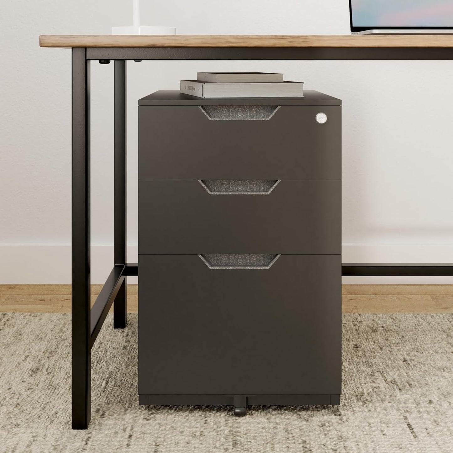 Mobile File Cabinet, Black, 20.71" D X 15.51" W X 24.29" H | with Lock, 3 Drawer