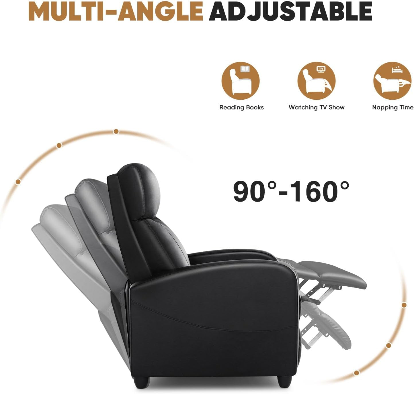 Recliner Chair for Adults, Massage Reclining Chair for Living Room, Adjustable Home Theater Seating Single Sofa with PU Leather Padded Seat Backrest and Footrest, Modern Black