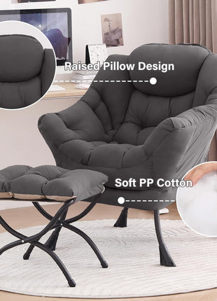 Contemporary Lounge Chair with Ottoman - Spacious Accent Chair for Leisure, Reading, and Relaxation in Dark Grey for Bedroom, Living Room, Dormitory, and Outdoor Spaces