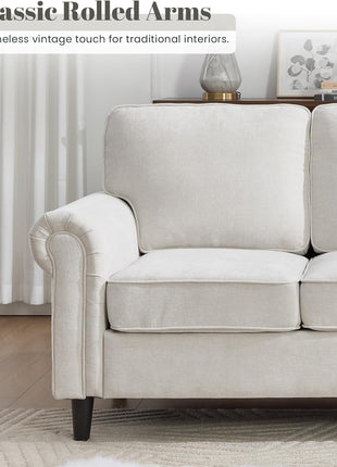 Mid-Century Modern 3-Seater Sofa with Rolled Arms and Deep Cushions, Beige, Ideal for Living Rooms and Apartments, Easy Assembly