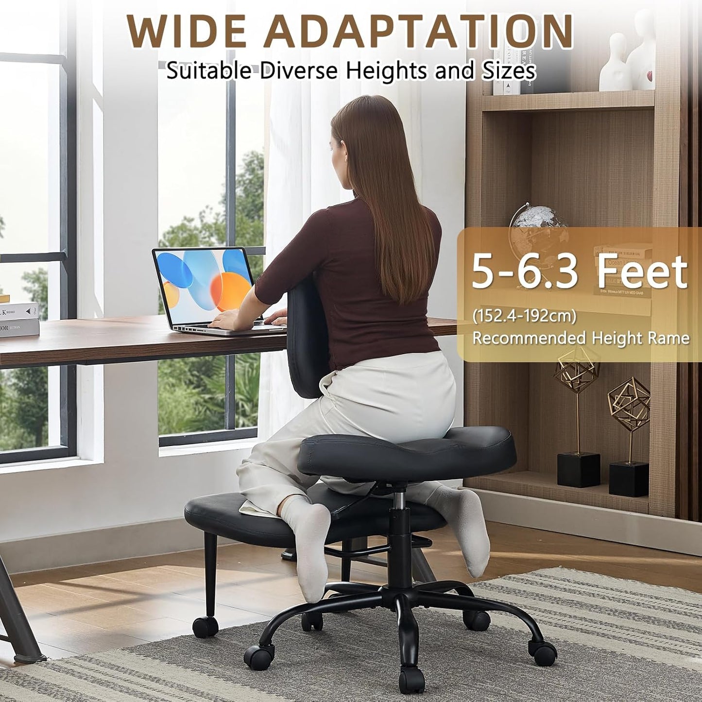 Ergonomic Cross Legged Office Chair, Criss Cross Chair with Wheels, 360°Swivel ADHD Meditation Kneeling Yoga Seat with Adjustable Height, Ergonomic Back Support and Leg Rest, Leather (Black)