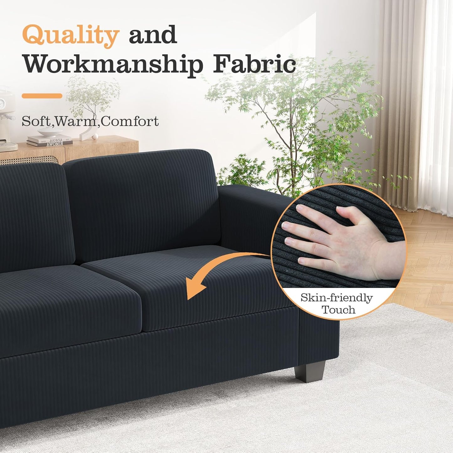 Loveseat & 3 Seater Sofa Sets, 89" Couch Sofa Set for Living Room Furniture, 2 Piece Modern Sleeper Sofa with Deep Seat Cloud Couch for Apartment Lounge, Black Corduroy