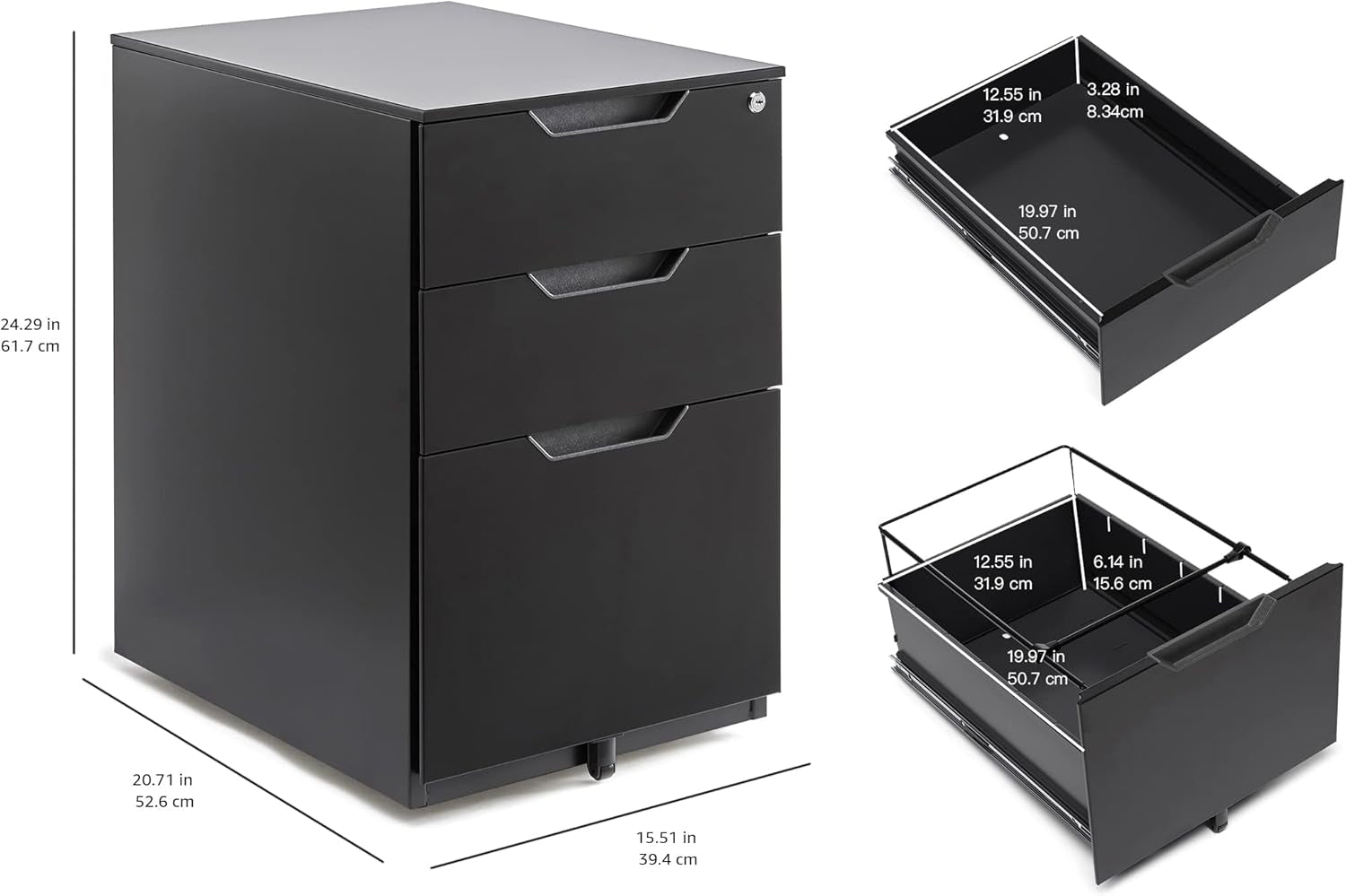 Mobile File Cabinet, Black, 20.71" D X 15.51" W X 24.29" H | with Lock, 3 Drawer