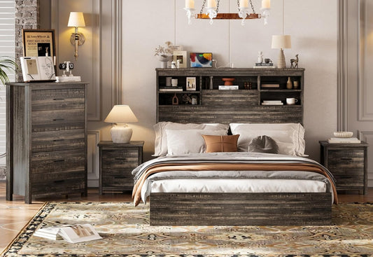 4-Pcs Queen Size Bed Frame Dresser Night Stand Bedroom Set, Platform with USB Charging Ports Storage Headboard & 1 X 5 Drawers Cabinet & 2 X Nightstands, Wooden, Antique Grey