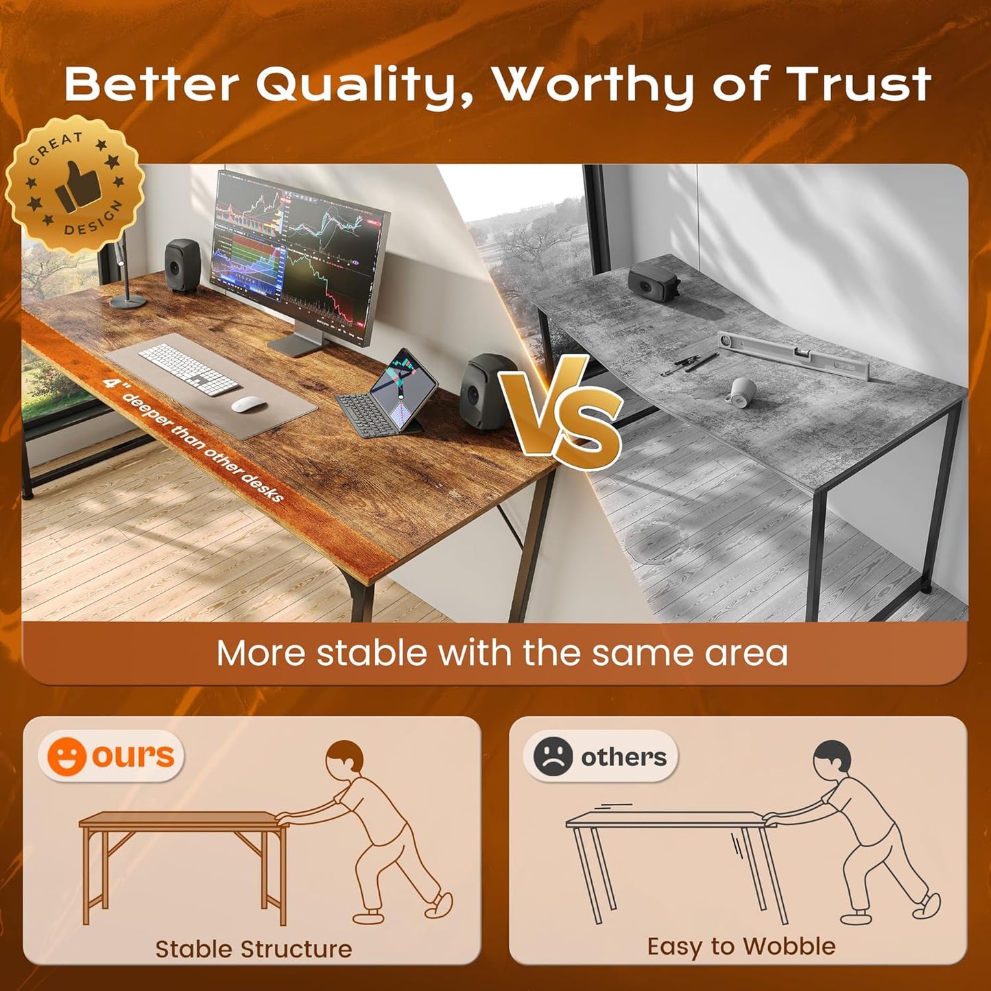 47 X 24 Inch Computer Desk with Deeper Desktop, Gaming Office Writing Work Desk for Home Office, Study, Bedroom, Work from Home, Metal Frame, Rustic Brown