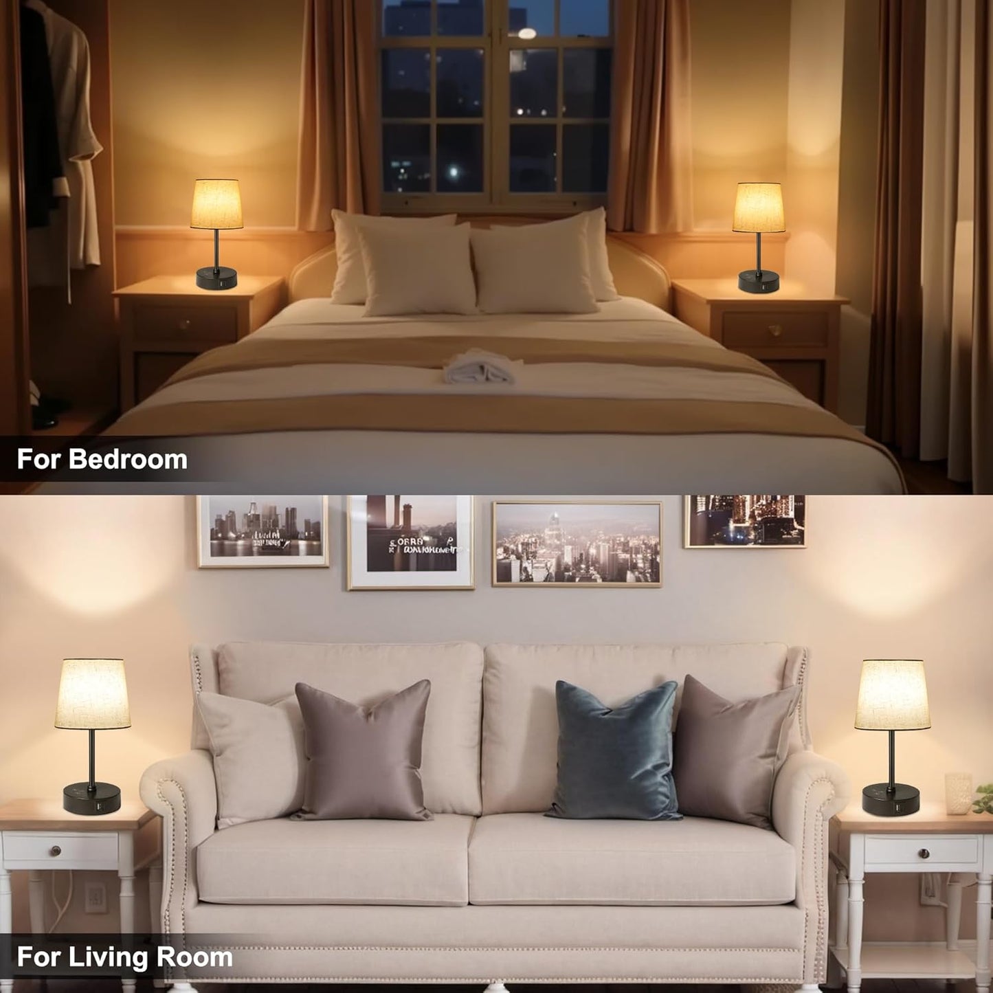 Small Bedside Table Lamp Set of 2, RGB Color Changing Lamps, 3 Color Temperatures, Dimmable Nightstand Lamp with USB C+A Ports, Touch Desk Lamp for Bedroom Living Room, H11.4In(Flaxen Shade)