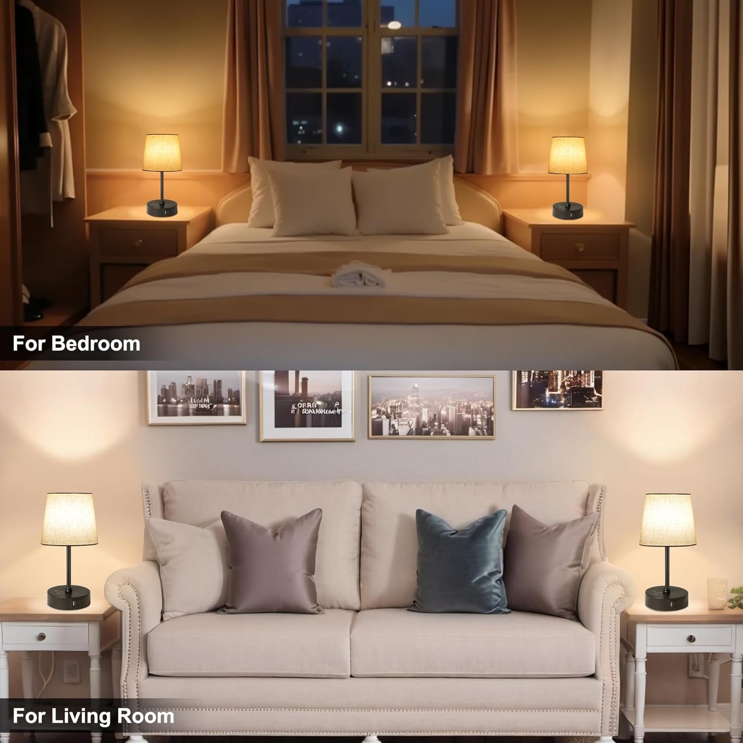 Small Bedside Table Lamp Set of 2, RGB Color Changing Lamps, 3 Color Temperatures, Dimmable Nightstand Lamp with USB C+A Ports, Touch Desk Lamp for Bedroom Living Room, H11.4In(Flaxen Shade)