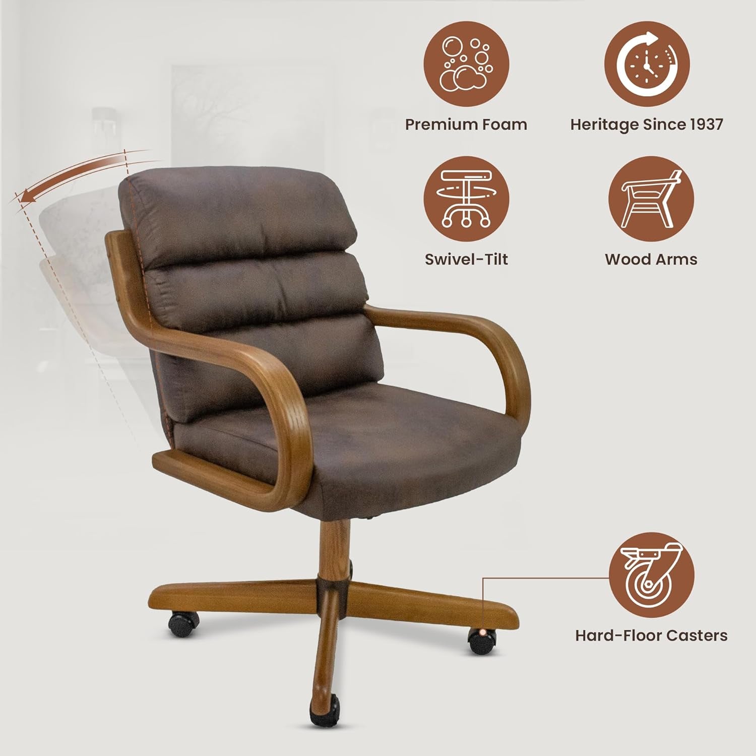 Douglas Set of 4 Swivel-Tilt Dining Chairs with Casters, Upholstered Kitchen Chairs with Wooden Arms & Metal Pedestal Base, Premium Foam Comfort, Mocha-Chestnut