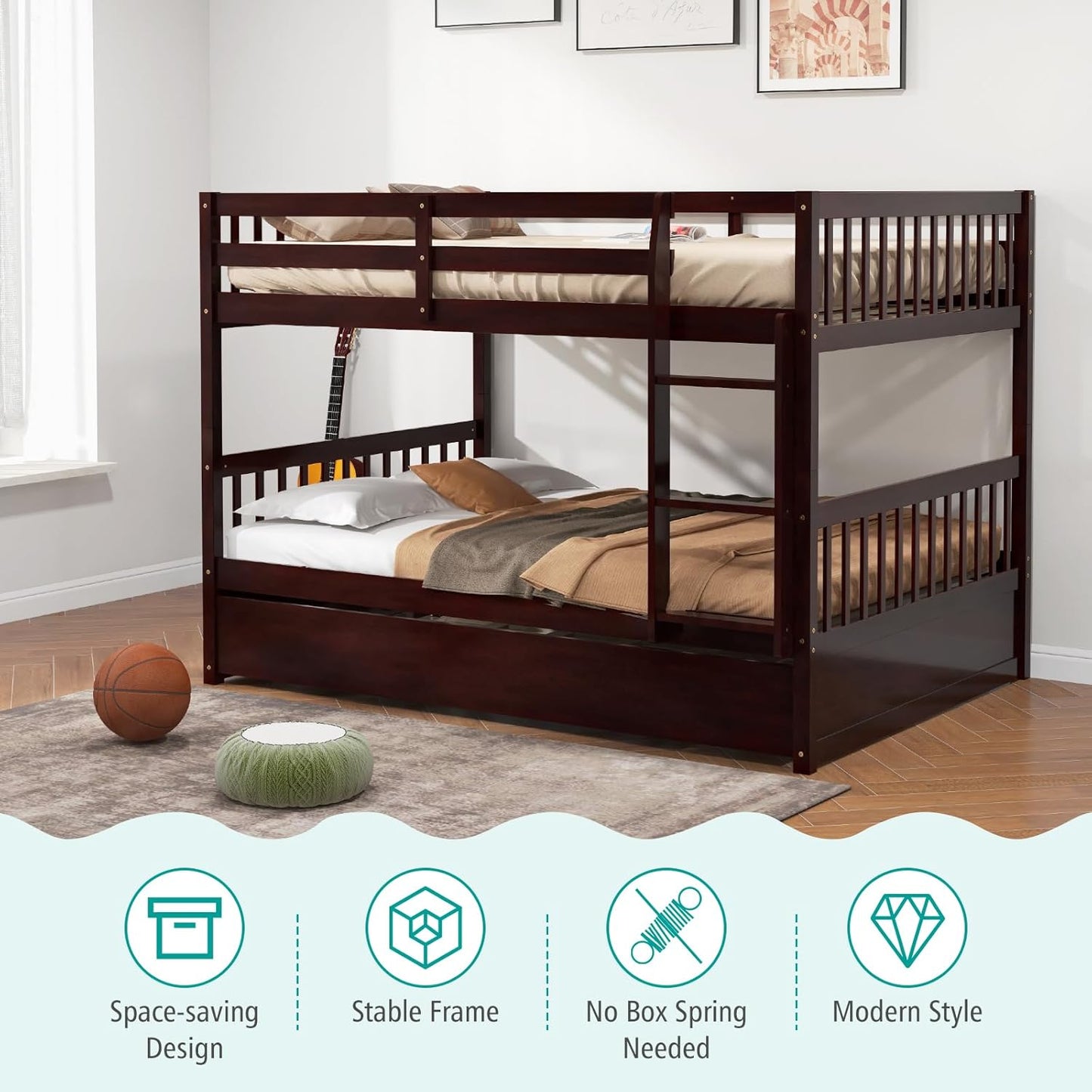 Full over Full Bunk Bed with Trundle, Solid Wood Trundle Bed Frame W/Guardrails and Ladder, Convertible to 2 Beds, Full Size Bunk Beds for Adults Kids Teens, No Box Spring Needed,Espresso