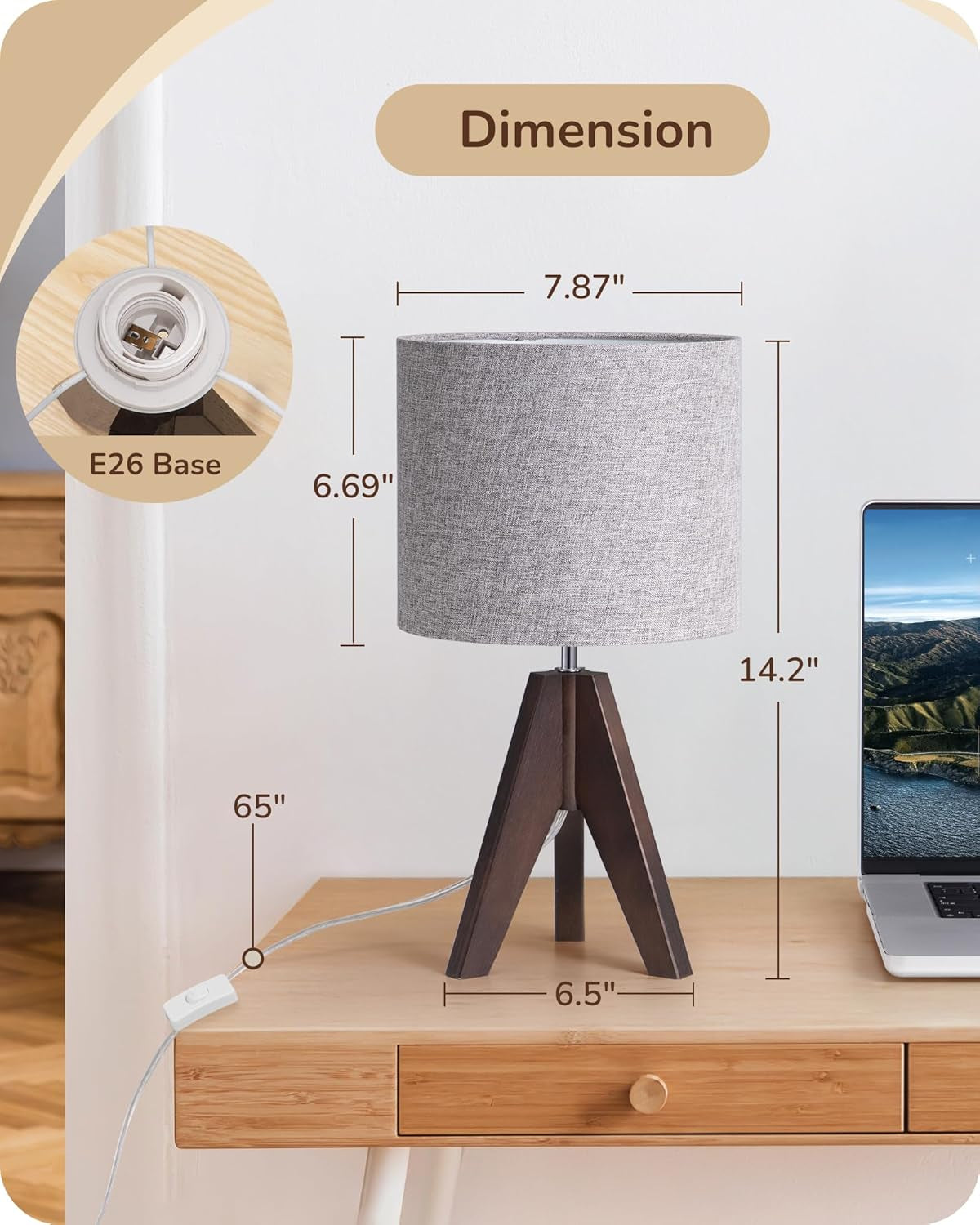 Boho Small Table Lamp, Walnut Color Wooden Tripod Bedside Lamp, Farmhouse Nightstand Lamp for Nursery, Bedroom, Office, Kid Room, Living Room, Grey Linen Lampshade, E26 Socket, 14.2 Inch