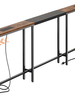 Adjustable Rustic Brown Sofa Table with Dual Power Outlets and USB-C Port, 86.6-110.2 Inch Length, Entryway Console with Anti-Tip Kit for Living Room