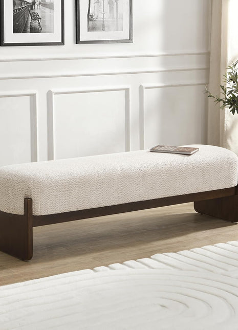 Arden Minimalist Rectangular Loop Yarn Fabric Ottoman Bench with Rubberwood Frame for Versatile Entryway and Living Room Seating in Beige and Brown