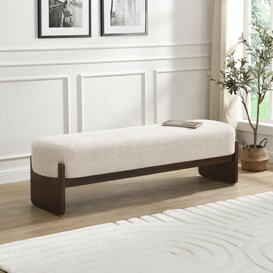 Arden Minimalist Style Rectangular Loop Yarn Fabric Ottoman Bench, Rubberwood Frame, Entryway Bench, Living Room Sofa Extra Seat, End of Bed Footstool, Beige+Brown