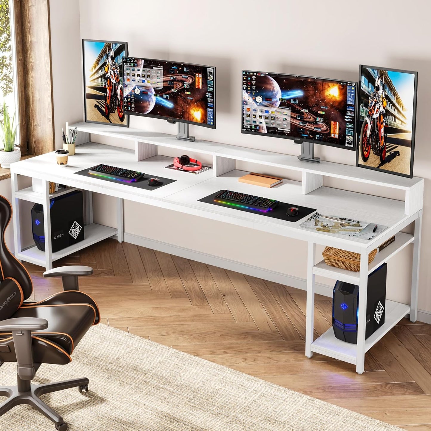 Two Person Desk with Monitor Stand, 78.74" Long Double Computer Office Desk with Storage Shelves, Large Gaming Desk Study Writing Table Workstation for Home Office (White)