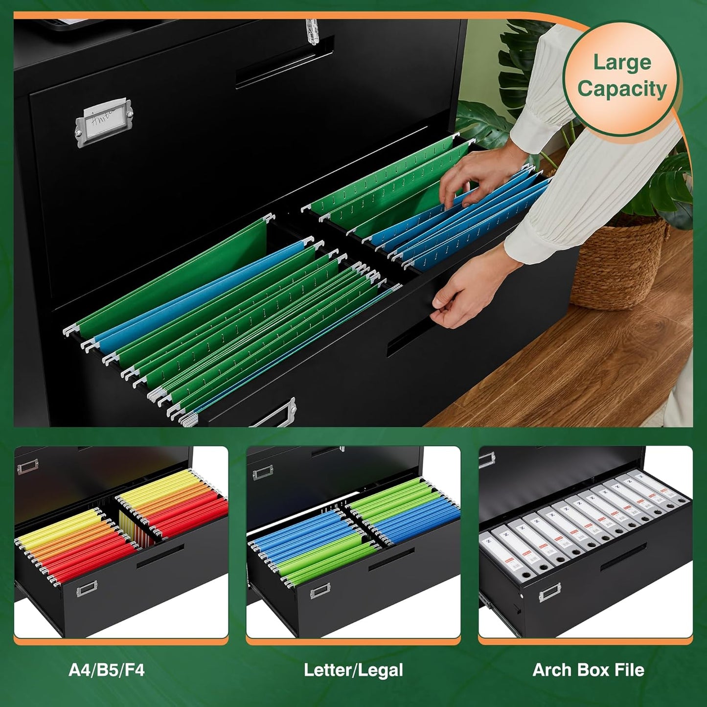 Lateral 3 Drawer File Cabinets with Lock, Metal Filing Storage Vertical Cabinets,Home Office Furniture for Organization Hanging Letter/Legal/F4/A4(Black)