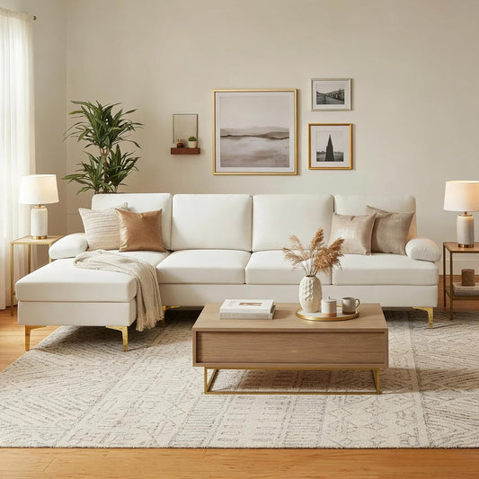 L-Shaped Sectional Sofa with Golden Legs, 99 Inch Couch with Chaise Lounge, Modern Upholstered Living Room Furniture, Off-White