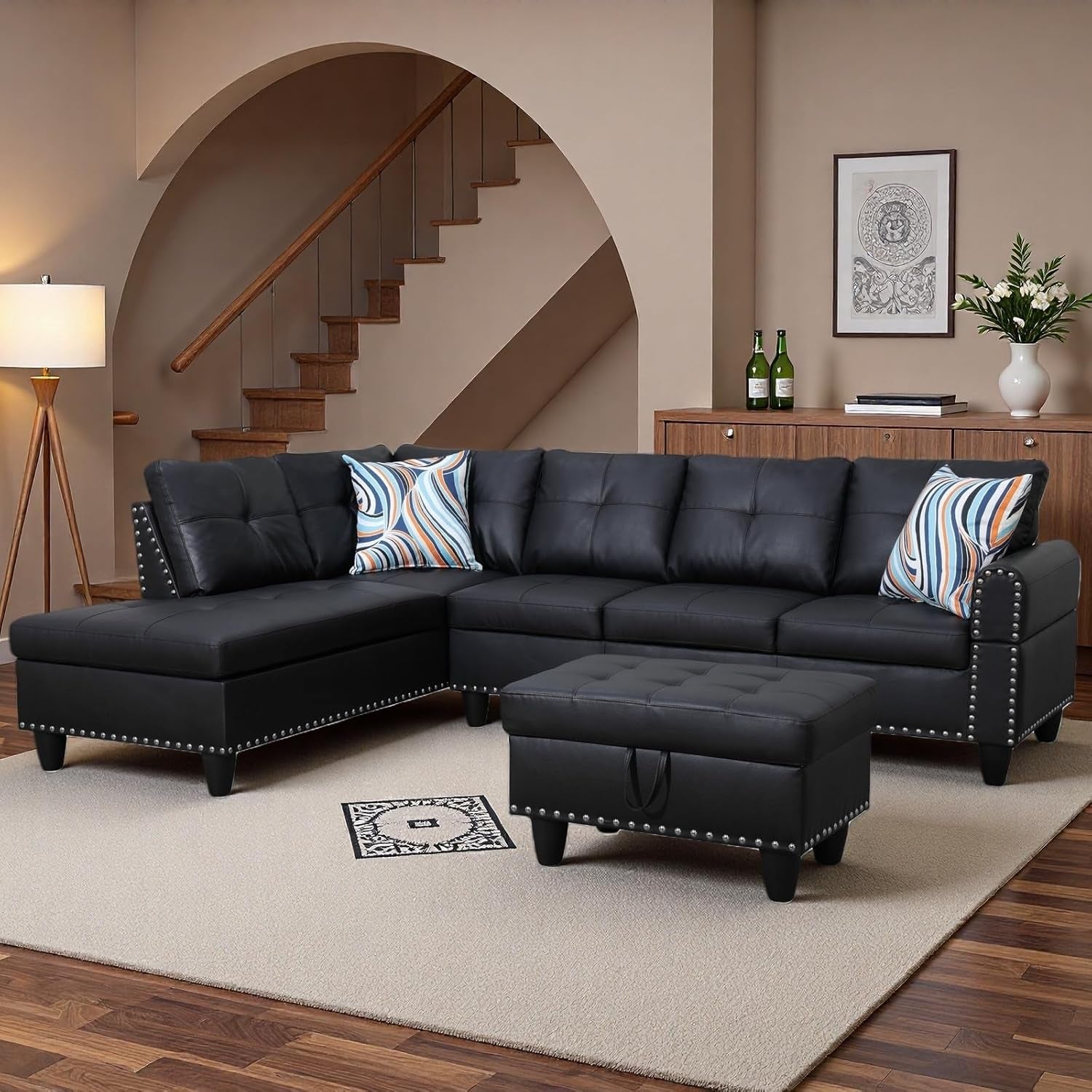 97.5" L Shaped Couch Set, Modular Sectional Couches for Living Room with Storage Ottoman, 4 Seat Home Sofa Living Room Furniture Sets with Chaise for Apartment Office (Leather, Black)