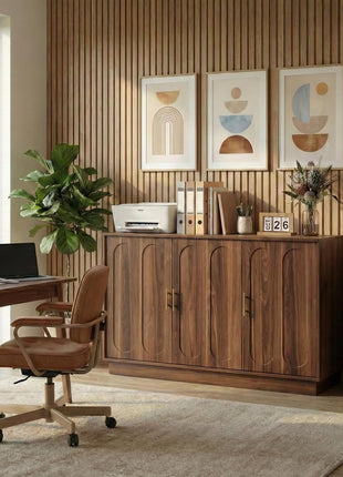46.6" Modern Farmhouse 3-Door Storage Cabinet, Rustic Brown Sideboard Buffet with Gold Accents, Spacious Fluted Wood Credenza for Dining and Living Spaces, Coffee Bar