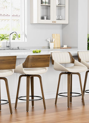 Set of 2 Mid Century Modern Swivel Counter Height Bar Stools, 26" Upholstered Faux Leather with Bentwood Back and Legs, Cream White for Kitchen Island and Dining Room