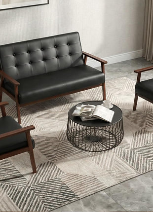 Mid-Century Modern 1 Loveseat Sofa and 2 Accent Chairs Set with Wooden Armrests for Living Room (Model 8428, Black)