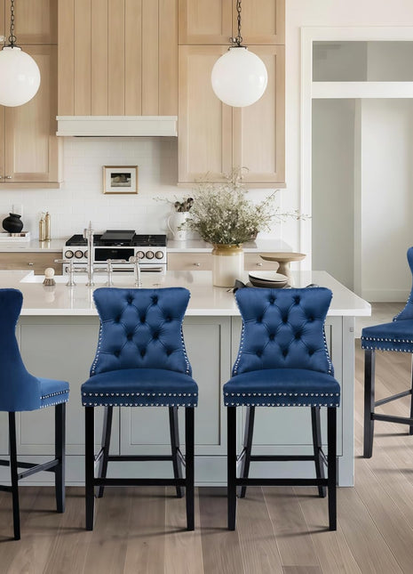 Set of 4 Modern Velvet Bar Stools with Wooden Legs, Button Tufted Design, and Chrome Nailhead Accents (Blue)