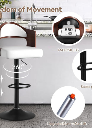 Set of 2 Contemporary Swivel Bar Stools with Backrest and Footrest, Wooden Upholstered PU Leather, Counter Height for Kitchen Island, White
