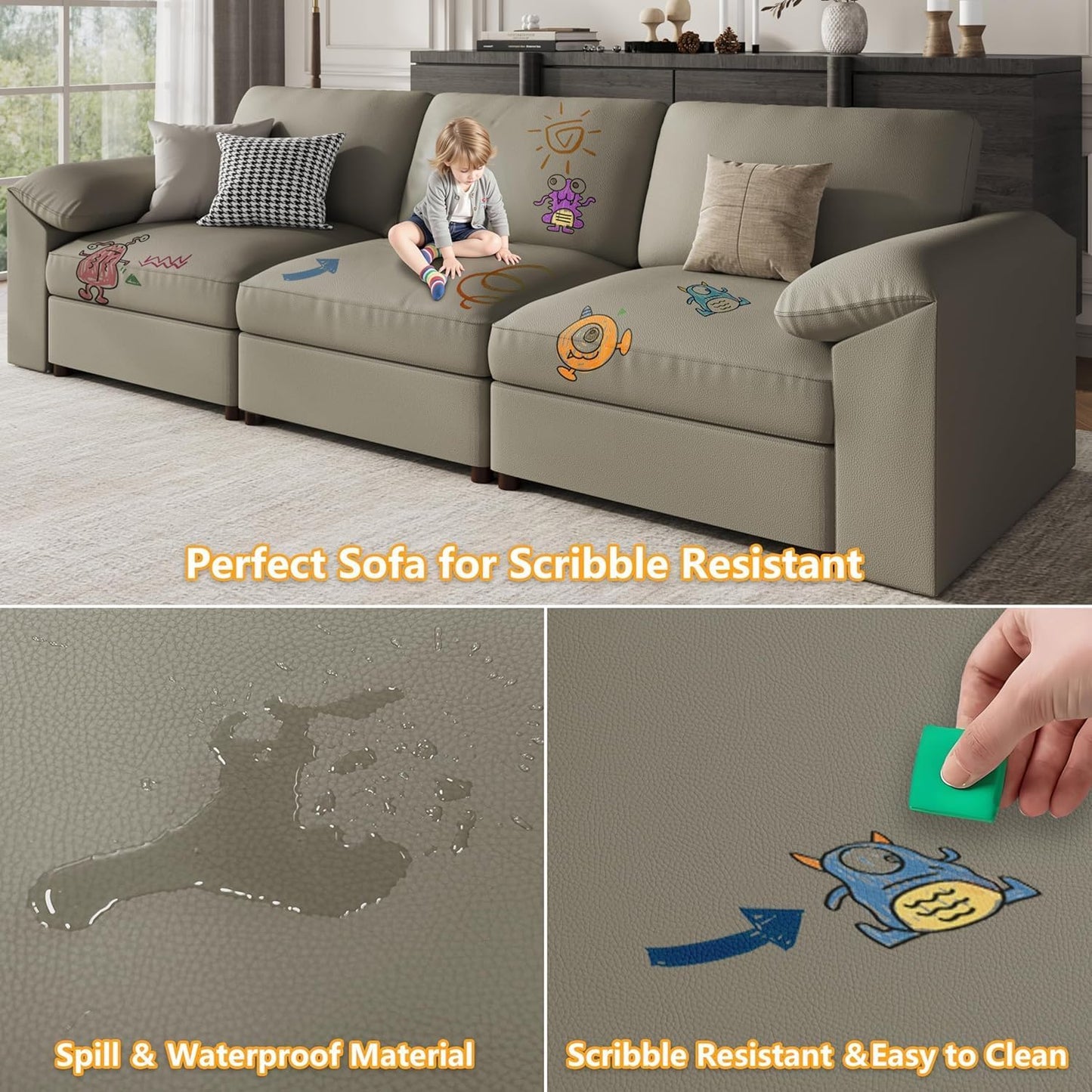 Oversized U Shaped Couch,Modular Sectional Convertible Sofa with Wide Deep,Extra Large Faux Leather Scratch Resistant Modern Couch for Big Spaces,Light Grey