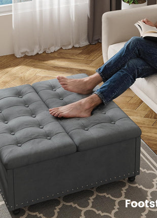 35-Inch Large Square Ottoman with Storage – Oversized Lift-Top Coffee Table Featuring Wood Legs and Tufted Upholstered Design for Living Room in Gray