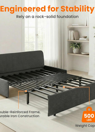 Elegant 3-in-1 Queen Size Pull-Out Sofa Bed - Plush Corduroy Couch with Tri-Fold Mattress and Pillows for Compact Living - Dark Grey